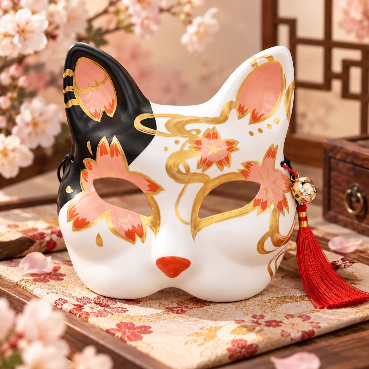 Masque de renard blanc et noir avec fleurs roses et dorures présenté de face