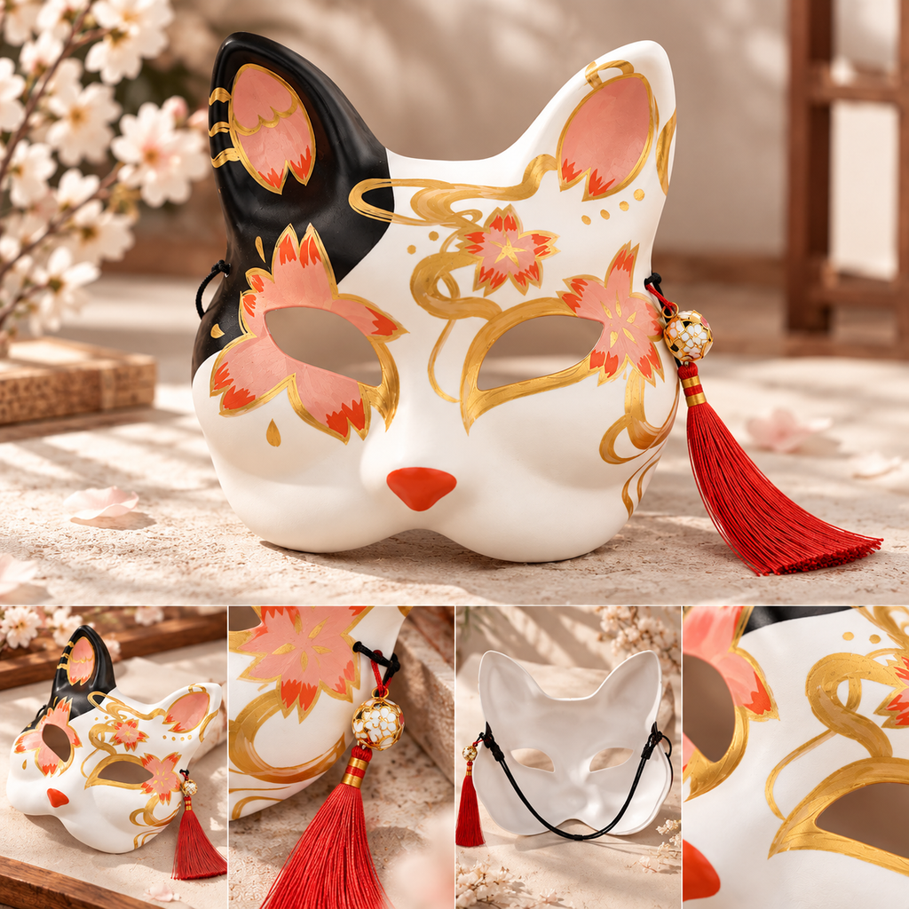 Vues du masque kitsune fleuri, de son dos et de sa décoration à pompon rouge