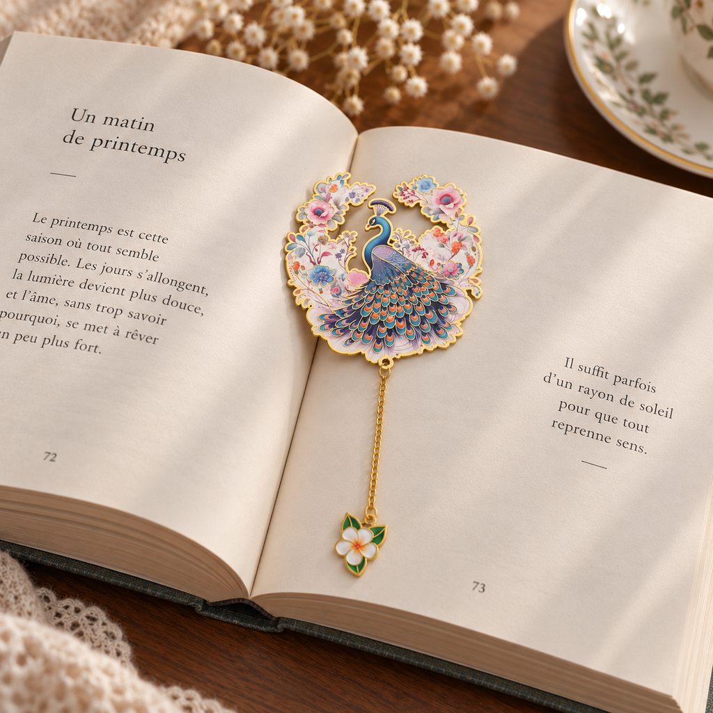 Marque-page paon bleu entouré de fleurs roses, chaînette dorée et pendentif fleur sur un livre ouvert