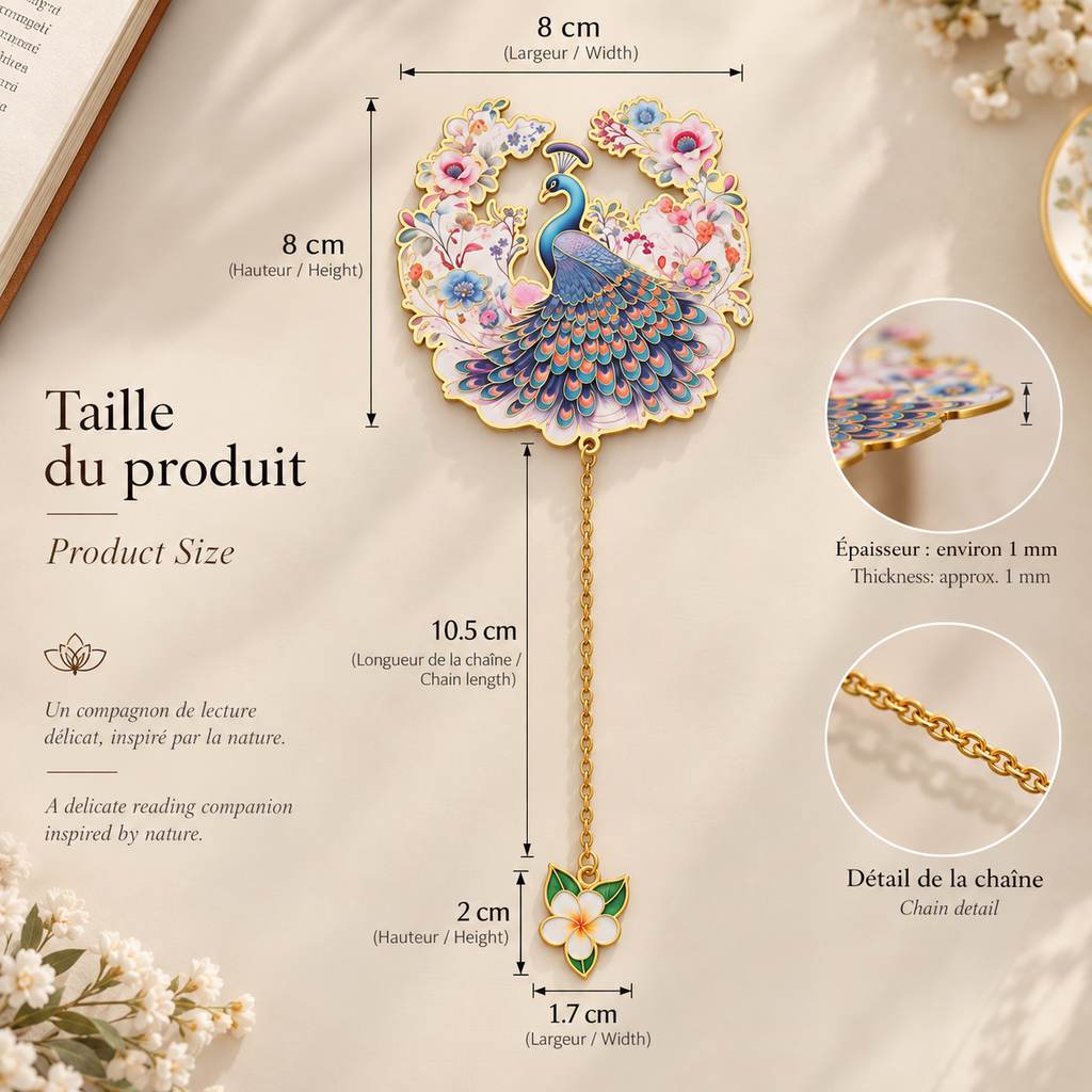 Dimensions du marque-page paon : 8 × 8 cm, chaîne de 10,5 cm et fleur de 2 × 1,7 cm
