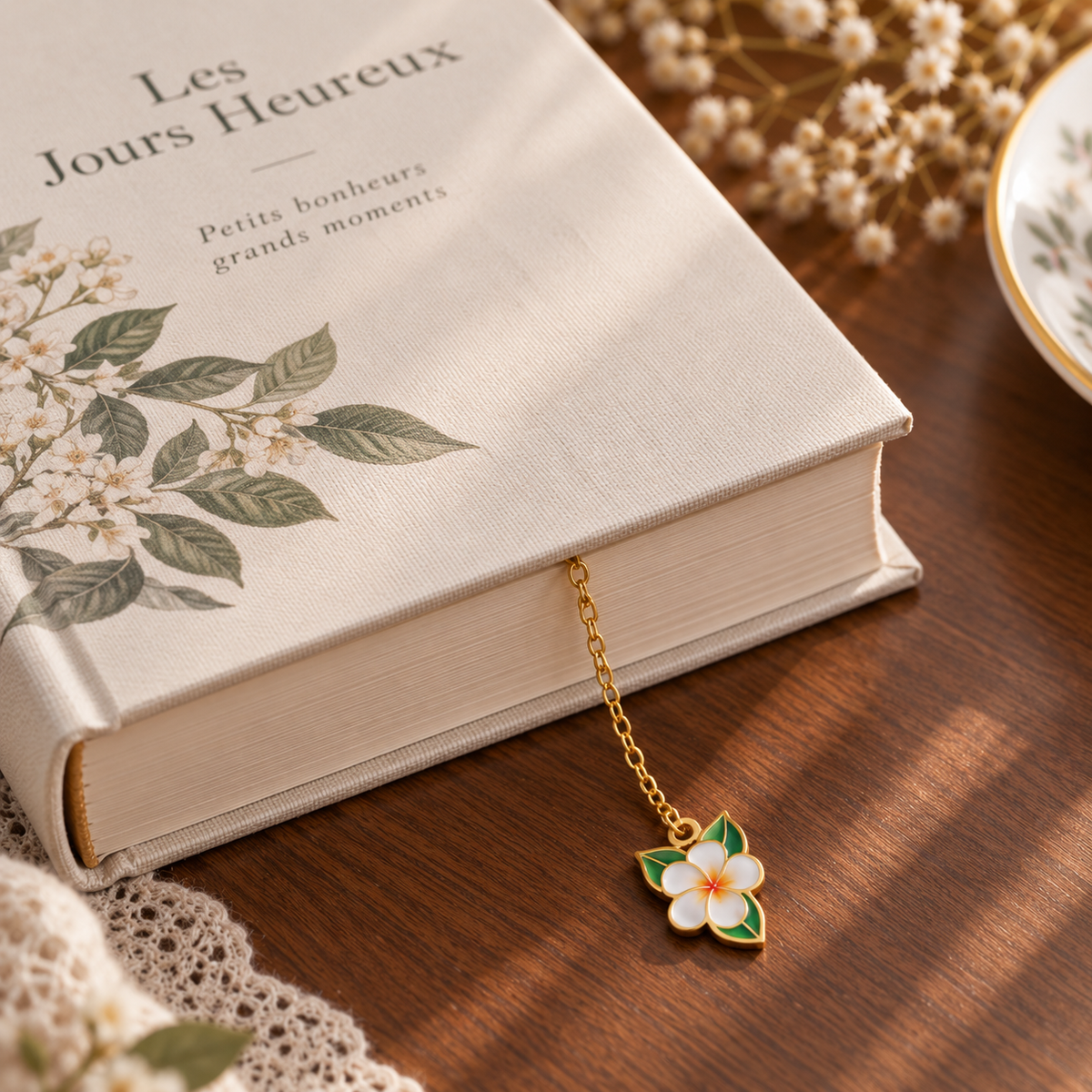 Chaînette dorée et pendentif fleur blanche à feuilles vertes dépassant d’un livre fermé