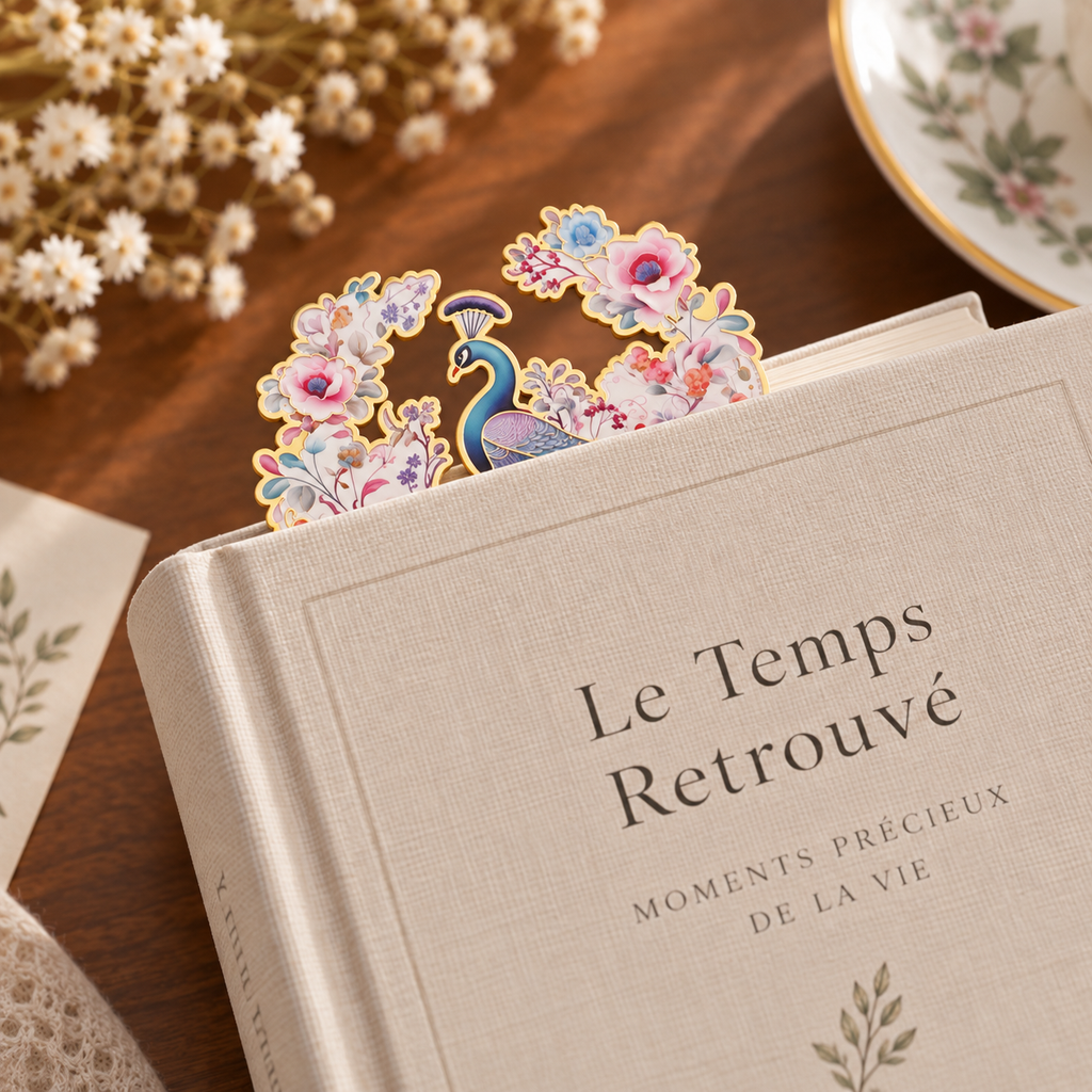 Marque-page paon fleuri dépassant des pages d’un livre, détail du motif bleu et rose